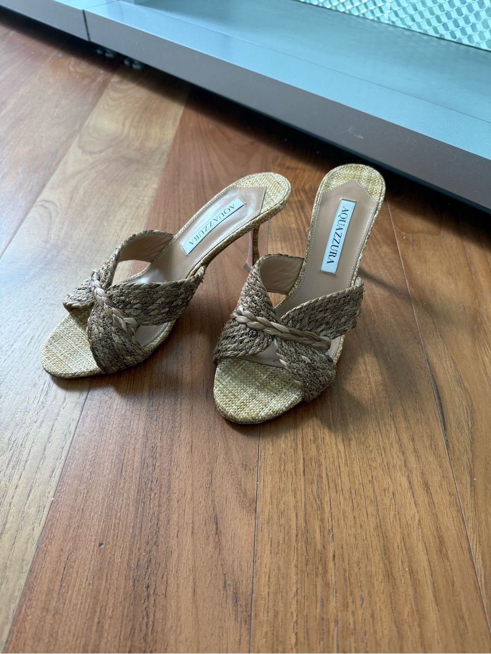 Aquazzura Braided Straw Slide Sandals in Tan/Brown